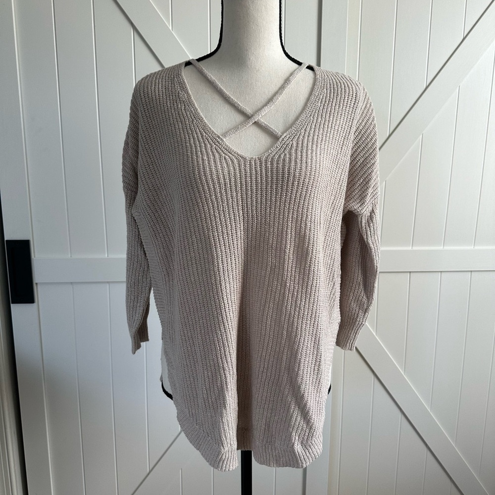 Express NWT 3/4 Sleeve Women's Tunic Sweater SZ XS Tan Cream Knit Casual